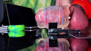 Hairy twink with a big dick mounts a Fleshlight to his desk.