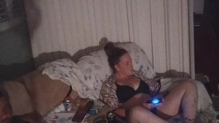 Chubby tattoo guy jerking off to girlfriend playing video games in her bra and panties