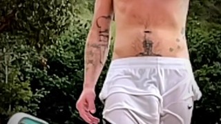 Slow-mo freeballing huge dick