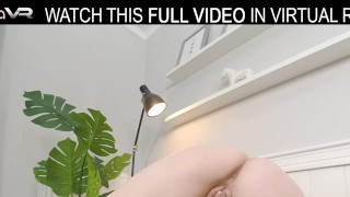 Solo blonde girl Monika with big tits has an exciting game with huge dildo in VR.