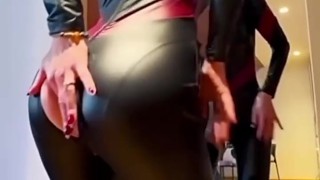 Hot blonde myth blonde dominant costume wide open her ass in front of the mirror in high heels