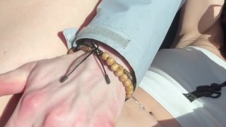 Fingering her pussy while driving