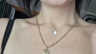 Smoking with bare tits, red lips