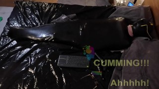 Cocooned in Latex and Teased with Buzzing Toys - rubber sack + toys + hood = HORNY!