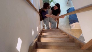 My girlfriend touches me on the stairs of our family home, we almost get caught!!