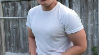 Asian Boy Jerks Off In His Backyard And Busts A Load