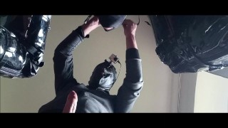 Chairtied, hooded, ballgagged and ring gagged my wife has to suck until I cum on her mouth