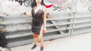 OUTSIDE PUBLIC BIKE TRAIL COSPLAY DRESS CAUGHT OUTDOORS CAMERAMAN MODEL