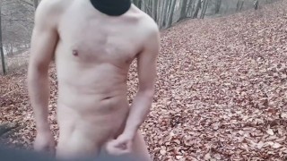 Real Public Amateur Forest Solo - Naked Guy Wanking on Ground to Big Cumshot