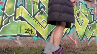 Femboy, exhibitionist undresses in public place