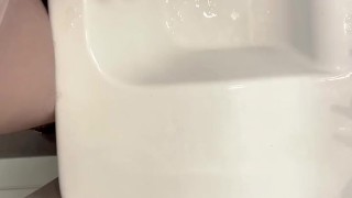 In public restroom while excited about meeting girl