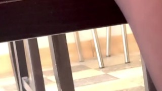 Hot miff touches her pussy under the table in public close up, OnlyFans