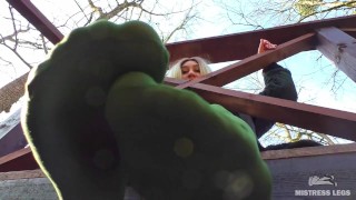 My nylon feet in green tights on your face