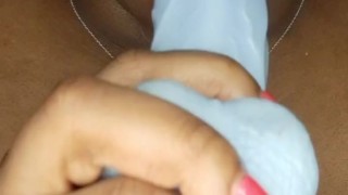 Horny ebony has squirting orgasm and soaks her bunny butt plug from dildo fucking