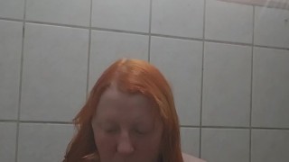 Redheaded Girlfriend with Big Tits plays with dildo in the shower. deepthroat, facefuck, pussy fuck!