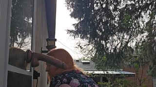 Redhead Hitachis and Deepthroats Outdoors in Public and Tries NOT to get caught