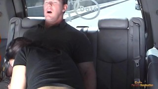 Porsha is brunette with small tits who is givving her all in a moving car.