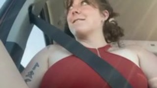 Cute girl in a skirt fingers herself in car!