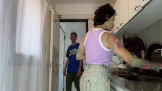 My neighbor invites me to eat and i can't stand the desire to fuck her in the kitchen