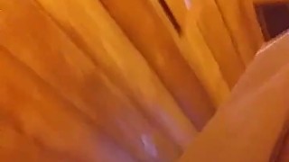 Risky exhibitionist in park bathroom showing off with nipple clamps on & ripping clothes off!