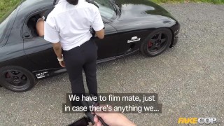 Fake Cop Cop & Partner Spit-Roast Cocky Driver in Public Car Hookup