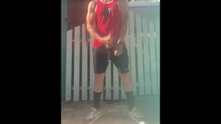 Quick Outdoor Jerk and Cum from JockDad87