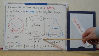 The volume ratio of a sphere, a cylinder, and a cone in the simplest integer ratio. [JapanMath]