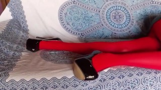 The milf with beautiful legs, red pantyhose and black heels