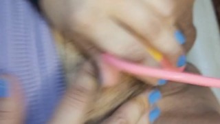 My stepbrother orders me to masturbate my hairy pussy in front of him and makes me jerk off his cock