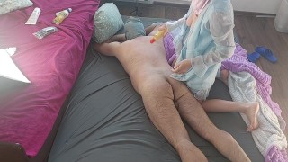 Foreplay in the bedroom with an amateur couple. Amateur wife does yoga naked, hairy pussy, big ass.