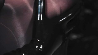 Blonde Girl in Oiled Spandex grabs Cock in Latex Gloves till Cum in her Hands