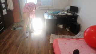 Amateur wife having fun trying on clothes that she cuts off.