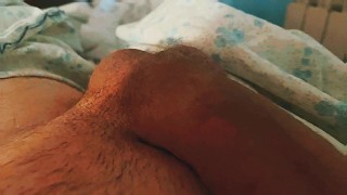 Horny man masturbate his monster cock, until the big dick fill the bed of hot cum