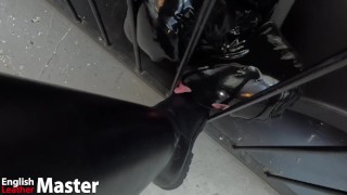 Caged rubber gimp worships leather Master's boots PREVI