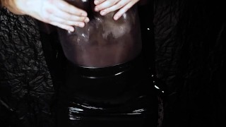 Dirty Girl in Shiny Spandex and Latex Skirt gives Handjob till Cum