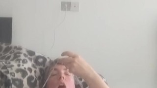 Quick morning orgasm with double dildo, clover clamps, and clit rubbing doub