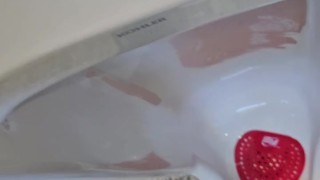 Uncut Pissing in a Public Urinal at a Gas Station