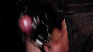 Dirty Girl in Shiny Spandex and Latex Skirt gives Handjob till Cum