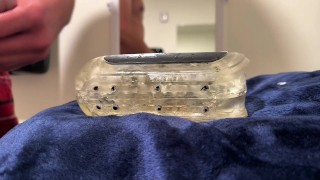 horny student pounds stroker in work bathroom, cums on blanket”