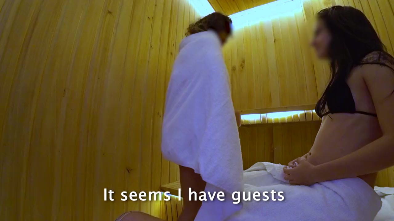 PUBLIC SAUNA : Two girlfriend attack stranger's dick. 4 hands jerking off
