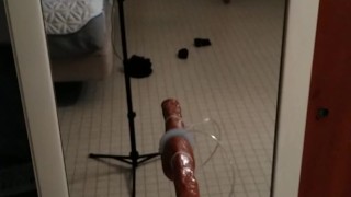 Guy having hard time fucking his tight ass with huge dildo almost got caught