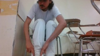 Public Half Naked Nut Sitting Down (Getting Back Dressed)